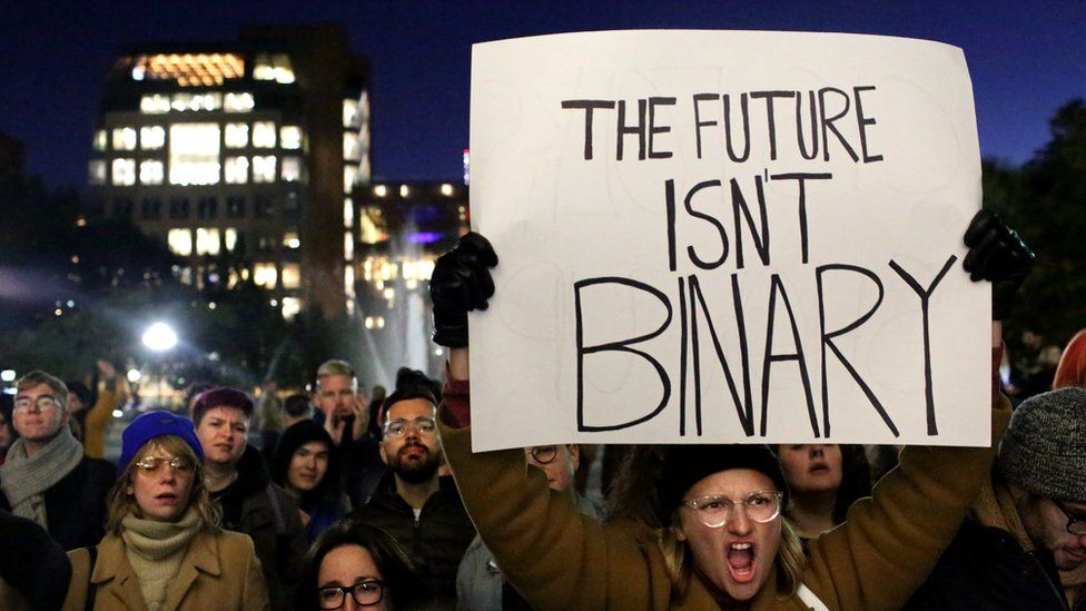 The future isn't binary, written on placard for a protest