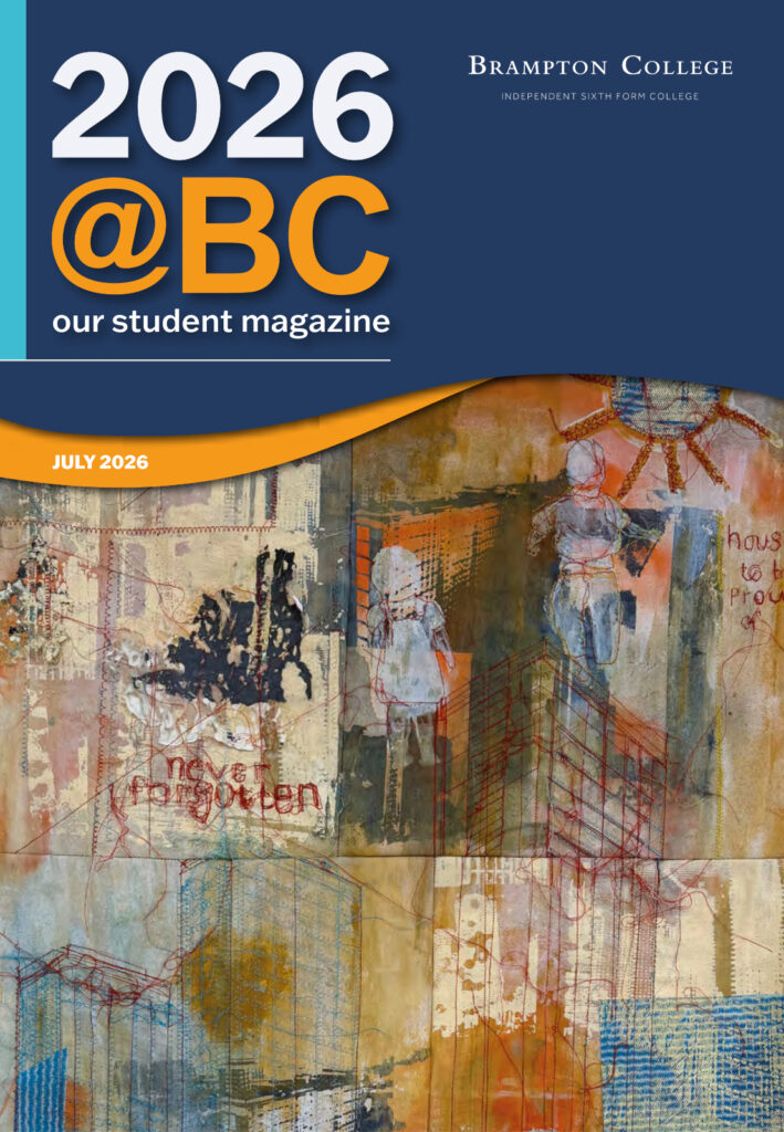 Cover for Brampton College's July 2026 student magazine, featuring bold '2026 @ BC' on a navy banner with abstract art beneath.
